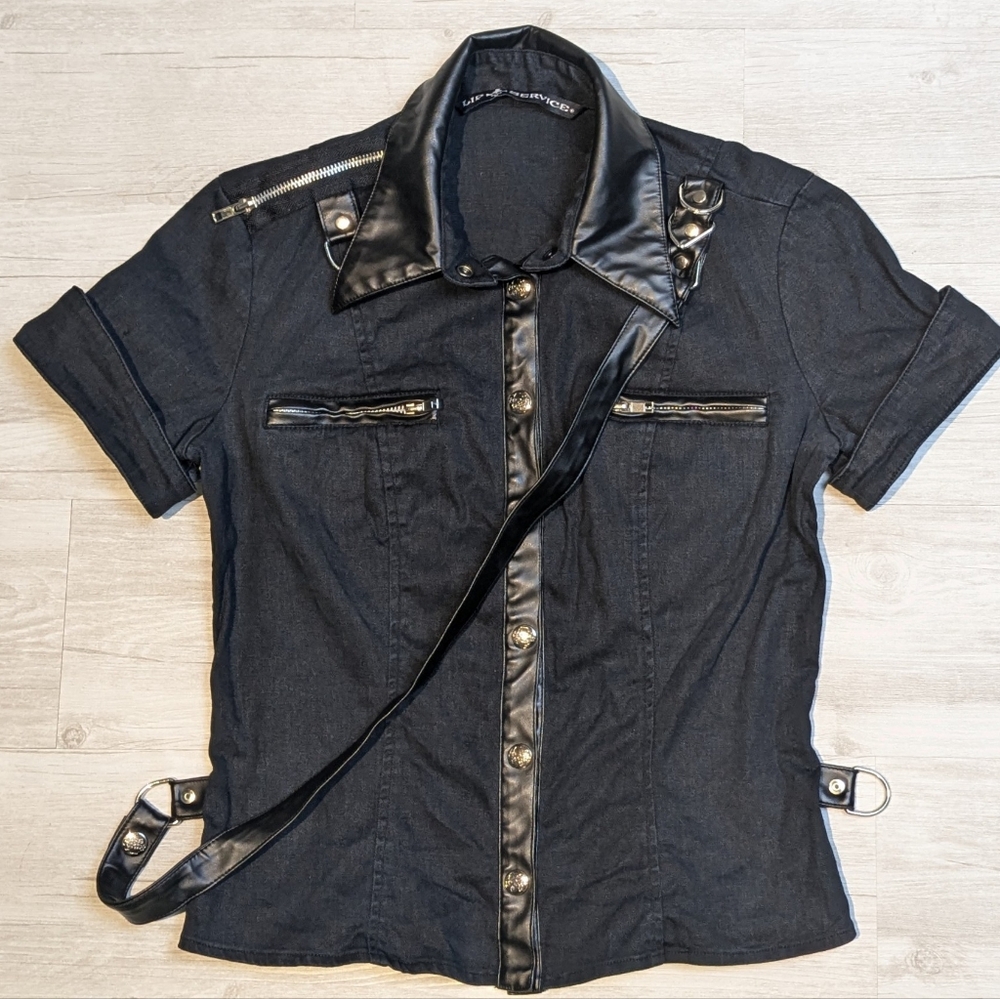 Lip Service Black Denim Snap Front Collared Shirt SIZE L